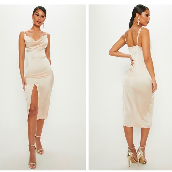 Plt Champagne Strappy Satin Cowl Midi 